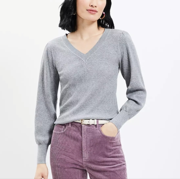 LOFT Puff Sleeve V-Neck Sweater - Picture 1 of 7